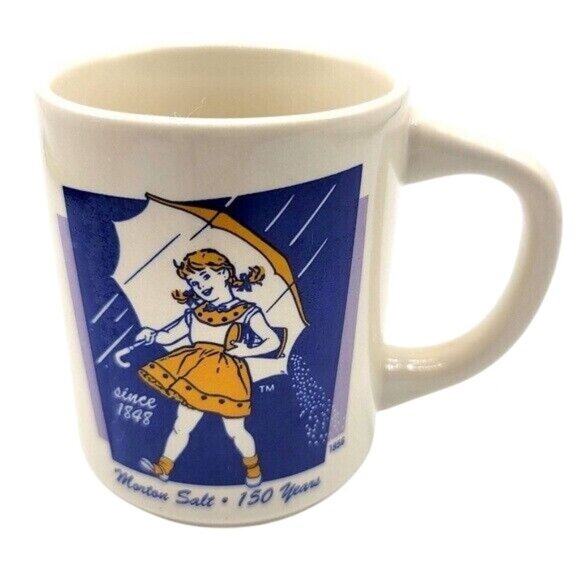 2/$15 Morton Salt Logo Mug 3.5" Girl Umbrella 1968 Yellow Advert Bryan China VTG - Picture 1 of 9